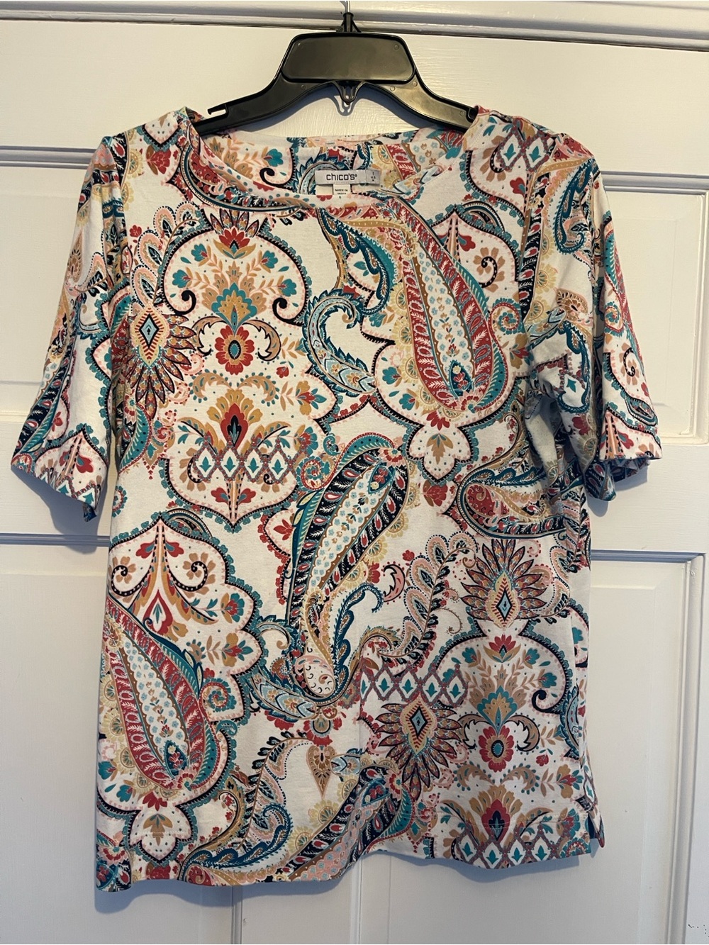 Chico's Short Sleeve Paisley Tee in Teal, Rust & Cream